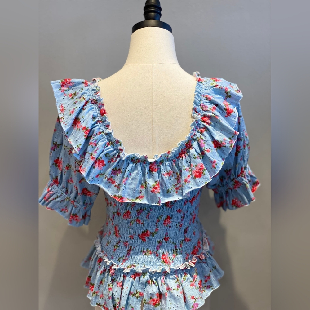 Free People Blue and White Floral Ruffled Blouse - Picture 3 of 5
